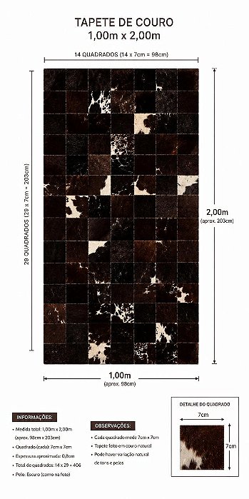 TAPETE COURO PRETO 1,00m x 2,00m