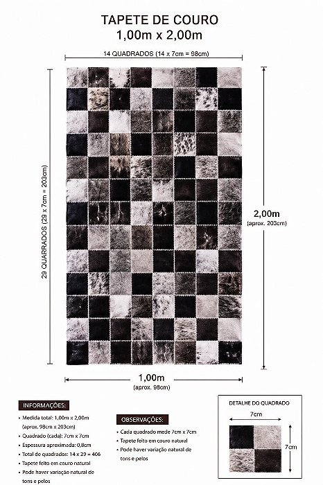 TAPETE COURO PRETO E BRANCO 1,00m x 2,00m
