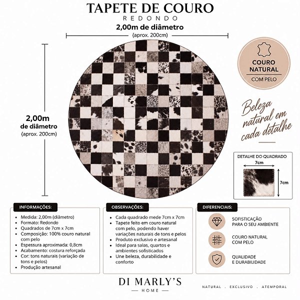 TAPETE COURO PRETO E BRANCO 2,00m