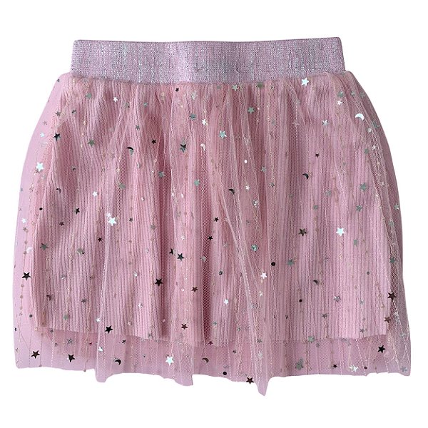 Saia Infantil Tule Estrelinhas Rosa - tam 04 06 e 08