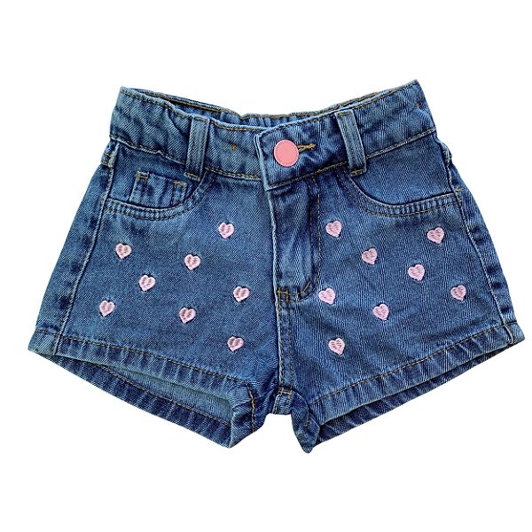 Short Jeans Infantil Bordado Coração - tam 04