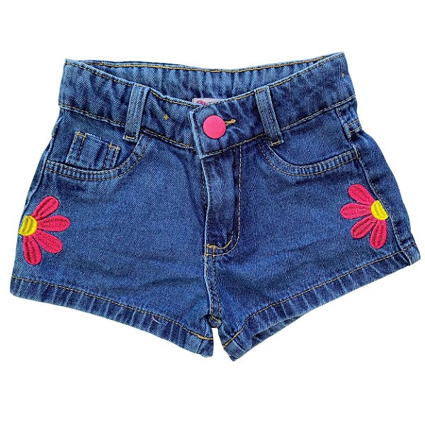 Short Jeans Infantil Bordado Flor - tam 04