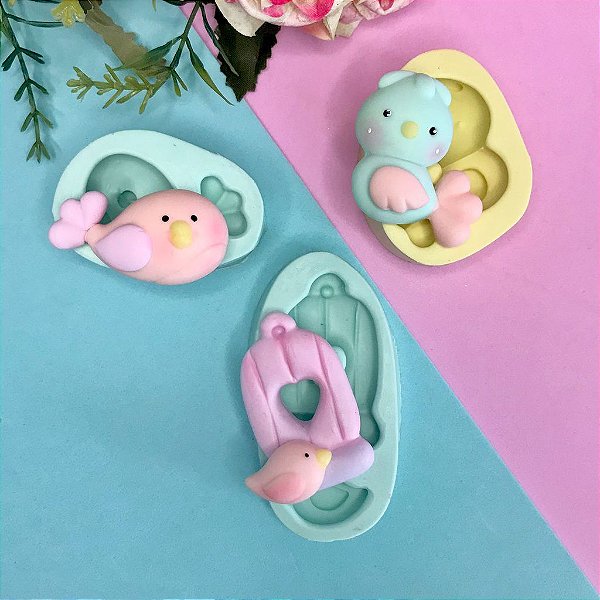 Kit Moldes de Silicone  Passarinhos Biscuit Confeitaria Resina