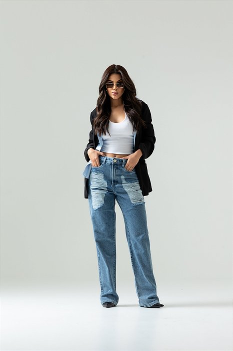 CALÇA RETA JEANS DESTROYED