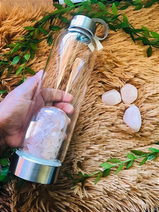 Garrafa de Agua com Cristal + Capa - (Quartzo  Rosa - Roladas)