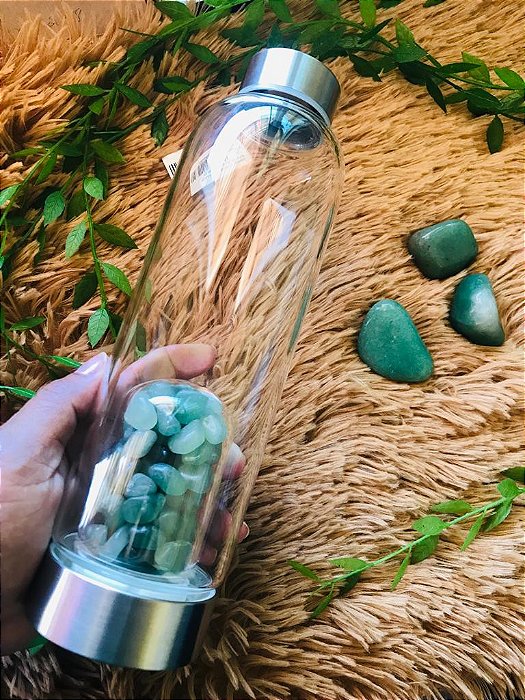Garrafa de Água com Cristal + Capa - (Quartzo  Verde - Roladas)