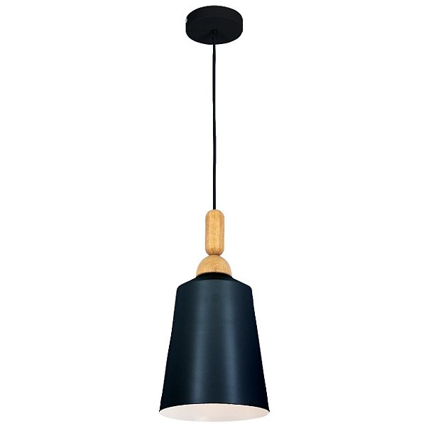 Lustre Pendente Aluminio e madeira em cone Preto 20 x 27cm