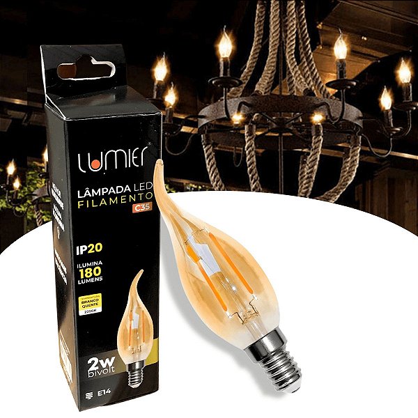 Lâmpada de Filamento Vela Vintage LED A60 E14 2W 2200K  IP20