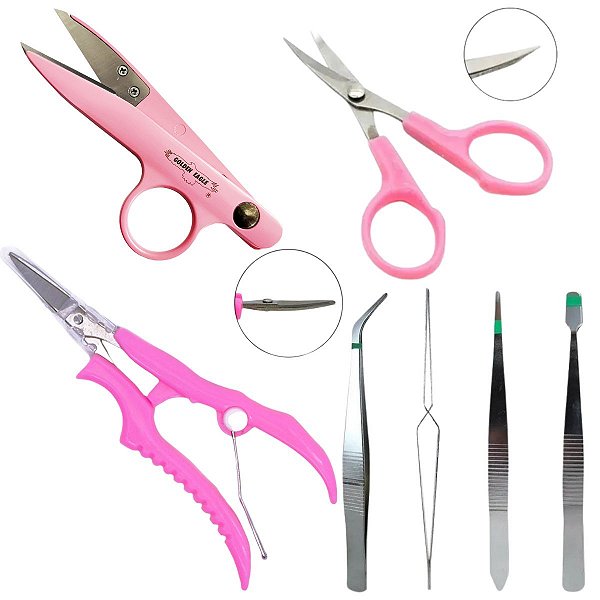 Kit Tesoura De Precisão Ponta curva Arremate + 4 Pinças
