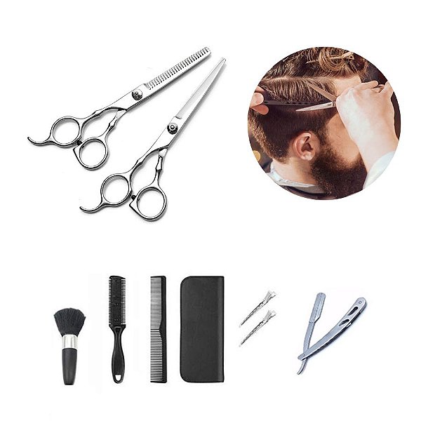 Kit Cortar Cabelo Tesouras Profissionais Aço Inox Prata (STO1165PTA)