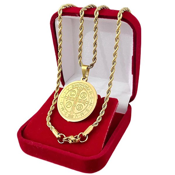 Medalha São Bento Proteção + Cordão Baiano Banhado a Ouro