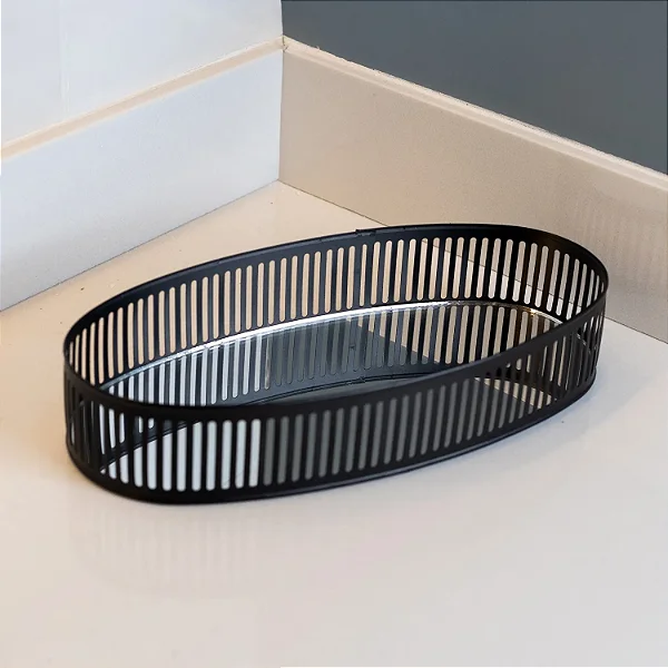Bandeja de Metal com Espelho Berlin Preto Fosco 26cm x 12cm x 5cm