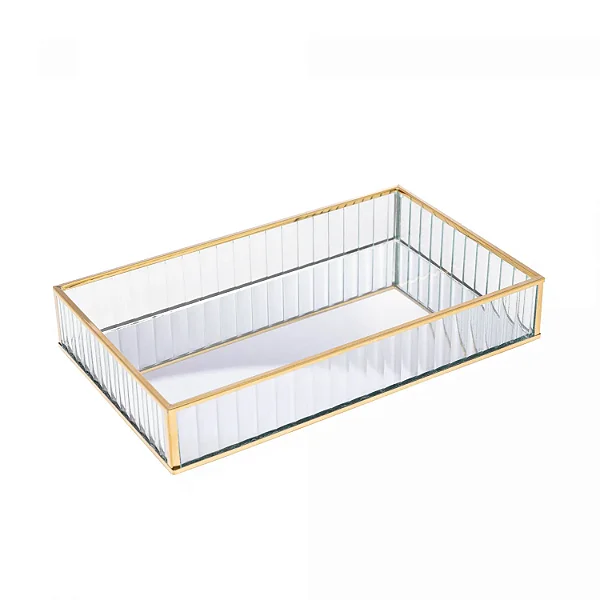 Bandeja de Metal com Espelho Dourada 25cm x 15cm x 4cm