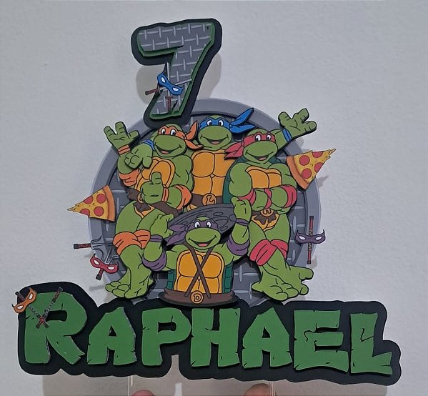 Topo de bolo em camadas 3D Tartarugas Ninja com nome e idade - Com laminação