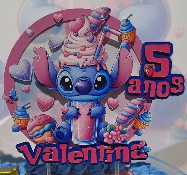 Topo de bolo em camadas 3D  personagem Stitch com nome e idade - Sem laminação