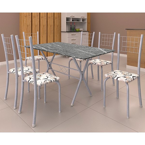 Mesa de Aço Dani 061 com 6 cadeiras, Tampo Granito - Soma