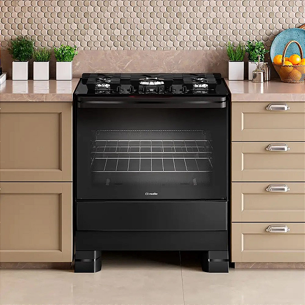 Fogão 5 bocas Preto com Mesa de Vidro e Tripla Chama MFV5BF - Mueller