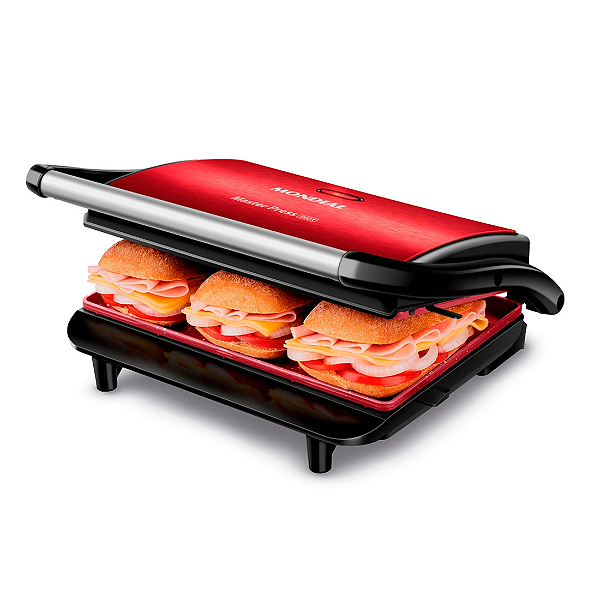 Press Grill Red Ceramic Mondial PG01RC - 2 em 1: Grill e Sanduicheira, Grelhas Ajustáveis