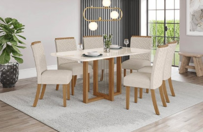 MESA NATALÍ 1600MM 6 CADEIRAS Bella CANTO ARREDON C/ VIDRO – NATURE/OFF WHITE/LINHO HENN