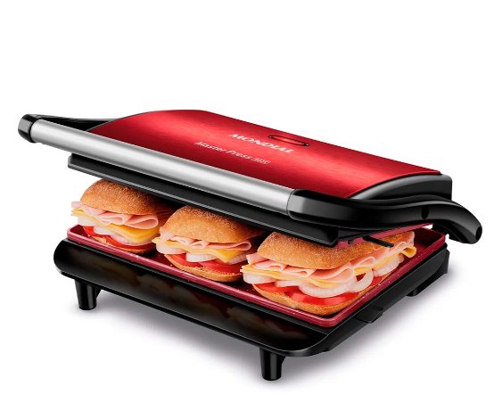 Press Grill Red Ceramic Mondial PG01RC - 2 em 1: Grill e Sanduicheira, Grelhas Ajustáveis