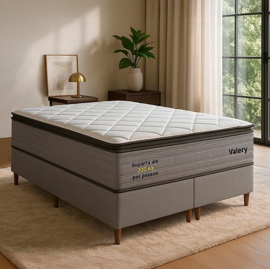 Conjunto Box Casal 158cm Valery PKT com molas ensacadas e espuma D45 | Bom Pastor