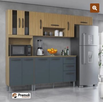 Cozinha Compacta Lavínia 8 Portas C/Balcão C/ Tampo Não Pega Pia Damasco/ ripado Cinza Poquema