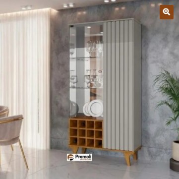 Cristaleira Elba Ripado Real Portas de Vidro Pés de Madeira Maciça 12 Nichos Garrafeiros Bechara Off-White/Cinamomo