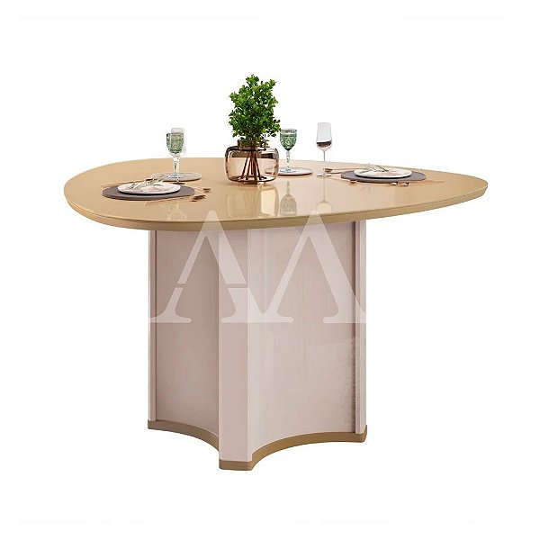 MESA DJ CHANEL 136X136 TAMPO ORGANICO C/VIDRO OFF WHITE/DOURADO