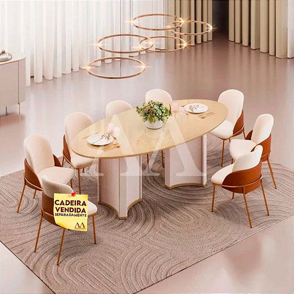 MESA DJ LIZ 218X108 TAMPO ORGANICO C/VIDRO OFF WHITE/DOURADO