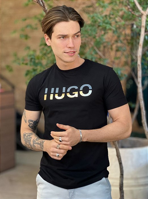 Camiseta Hugo Boss Slim Fit Preta Estampada - New Man Outlet