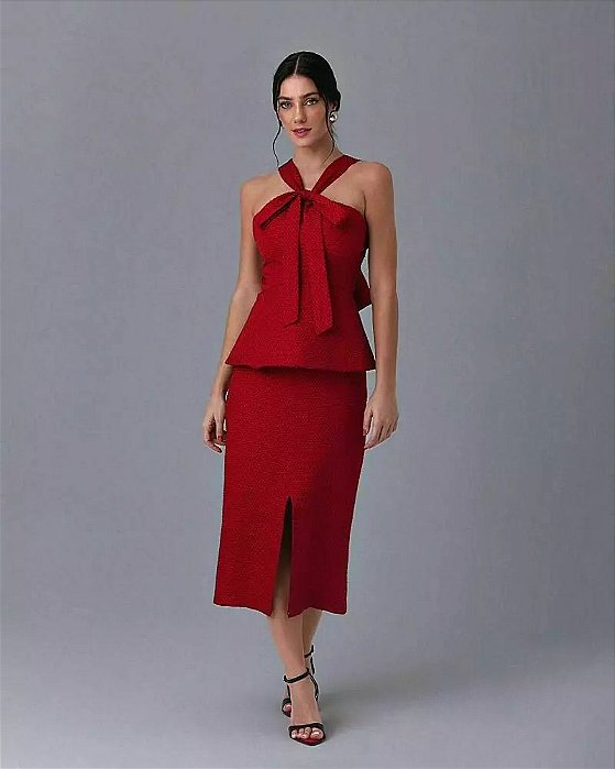 CONJUNTO BLUSA LAÇO E SAIA MIDI
