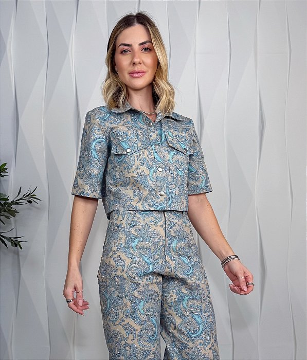 Camisa Cropped Clara Estampada Azul
