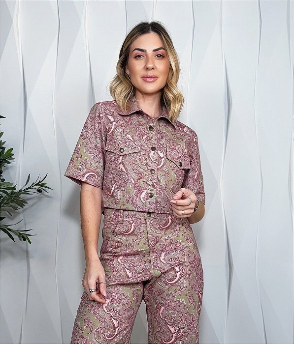 Camisa Cropped Clara Estampada Rosa