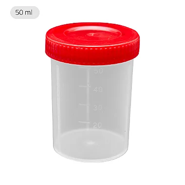 Coletor PP transparente com tampa vermelha sem pá embalagem industrial 50ml