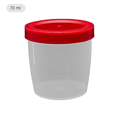 Coletor PP transparente com tampa vermelha sem pá embalagem industrial 70ml