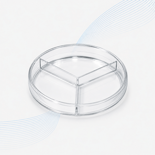 Placa de Petri 90 x 15 mm em Poliestireno Cristal com 3 Divisões – Caixa com 300 Unidades – J.Prol