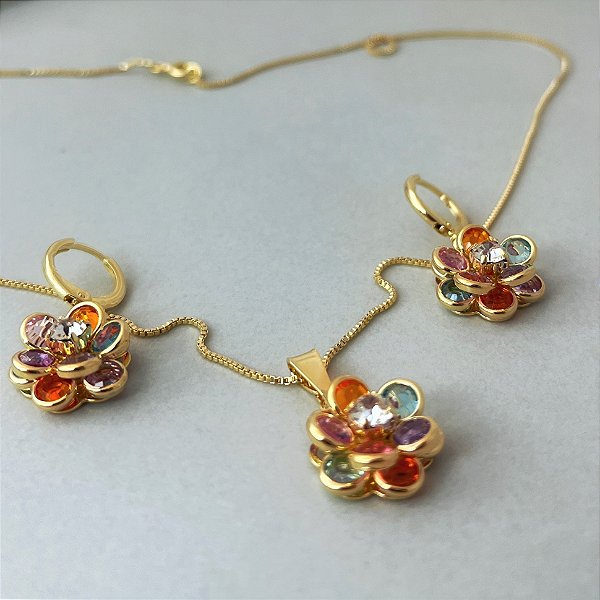 Conjunto brinco e colar flor em zirconia colors