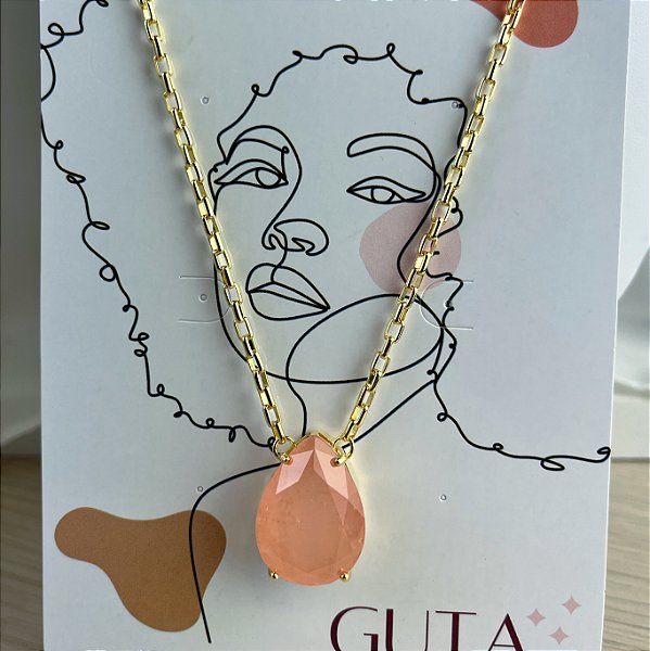Colar Petra com pingente em pedra fusion gota rosa 18x25