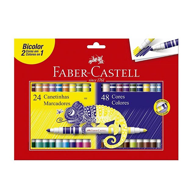 Canetinha 24 unidades / 48 cores hidrocor bicolor Faber Castell - Shopel  Papelaria