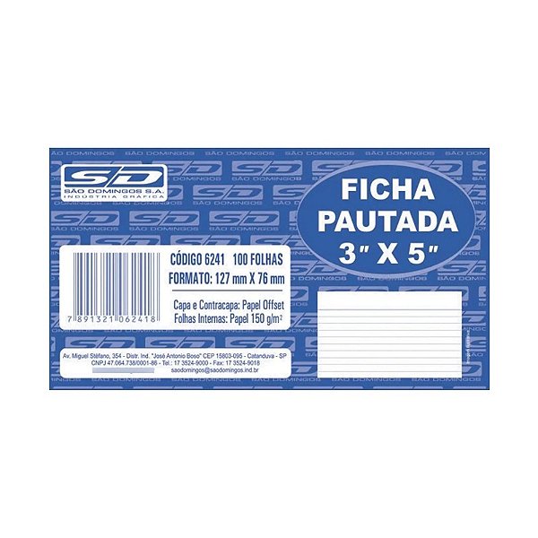 Ficha Pautada 3x5 100fls 127mmx76mm São Domingos