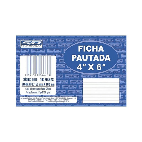 Ficha Pautada 4x6 100fls 152mmx102mm Sao Domingos