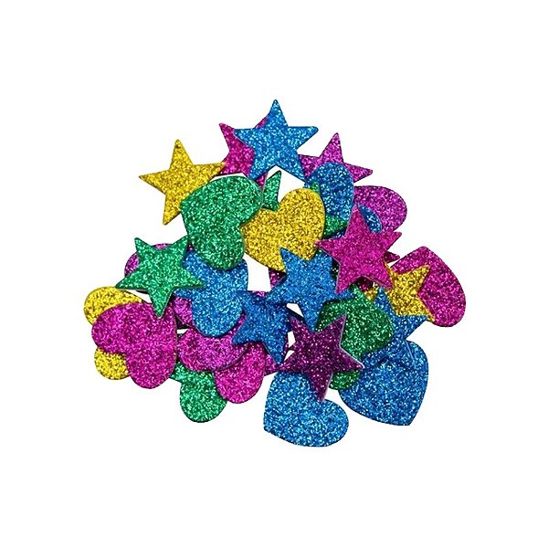 Adesivo Corações E Estrela Eva Com Glitter 2cm Com 20 Unidades Yins