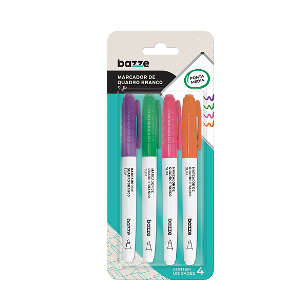Kit 4 marcadores de quadro branco colorido bazze