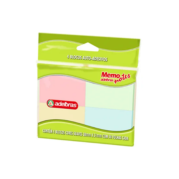 Bloco Adesivo 38x51 Memonote Com 4 Cores Suaves 50 Folha Adelbras