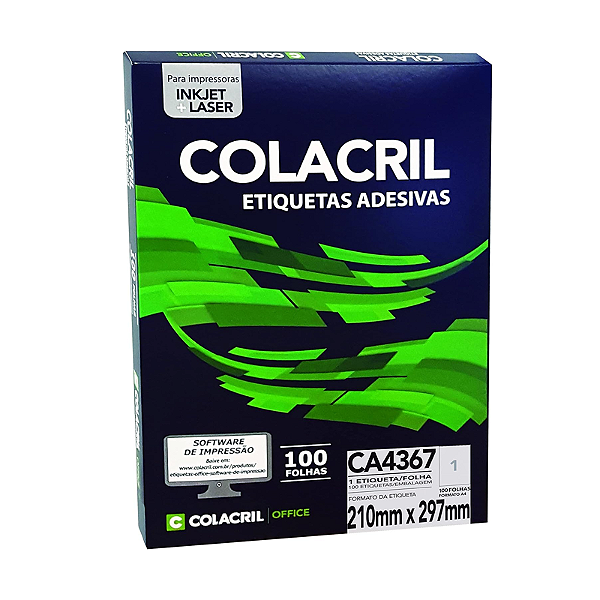Etiqueta A4 1 Por Folha 210mmx297mm Com 100Fls Colacril