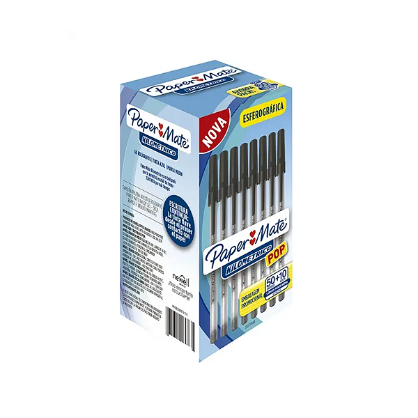 Caneta 1.0 esferográfica kilometrica preta pop paper mate