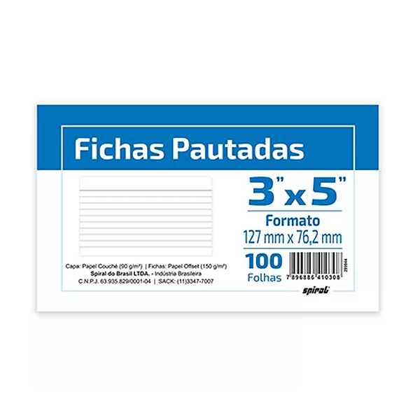 Ficha pautada 3x5 100fls 127mmx76mm sao domingos