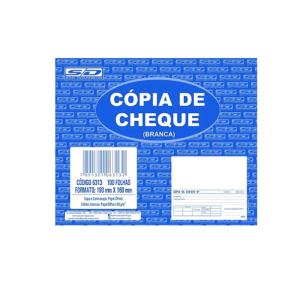Bloco cópia cheque branca 190x160mm com 100 folhas São Domingos