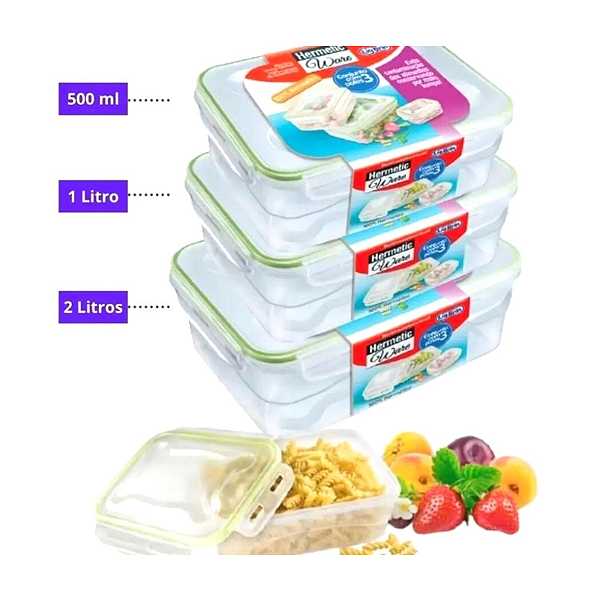 Conjunto com 3 potes hermetic ware retangular