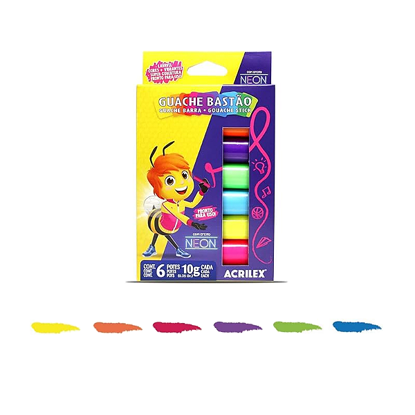 Tinta guache em bastão 6 cores neon acrilex